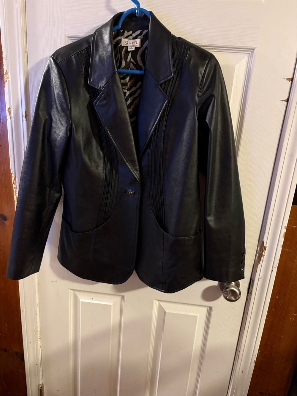 D&Co Black Leather Women's Pleated Front Blazer Jacket With Curved Pockets